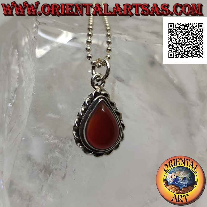 Silver pendant with drop carnelian surrounded by a helical cord