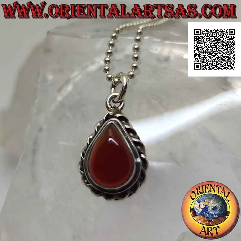 Silver pendant with drop carnelian surrounded by a helical cord