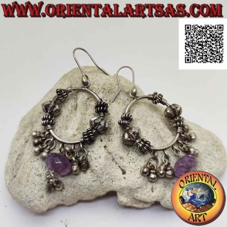 Silver earrings, 28 mm worked circle with donut-shaped amethyst and hanging balls