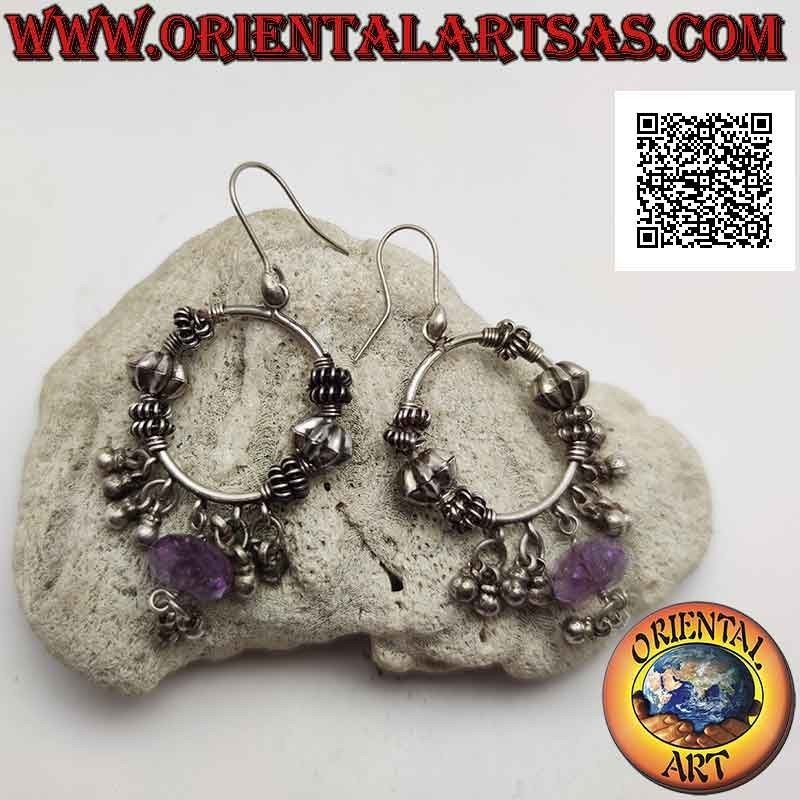 Silver earrings, 28 mm worked circle with donut-shaped amethyst and hanging balls