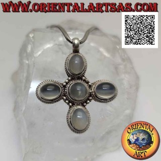 Silberanhänger, griechisches Kreuz mit fünf ovalen Cabochon-Mondsteinen (Adularia)