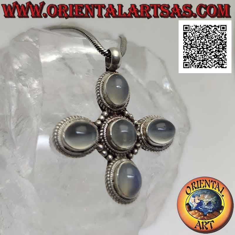 Silberanhänger, griechisches Kreuz mit fünf ovalen Cabochon-Mondsteinen (Adularia)