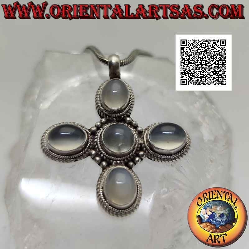 Silberanhänger, griechisches Kreuz mit fünf ovalen Cabochon-Mondsteinen (Adularia)