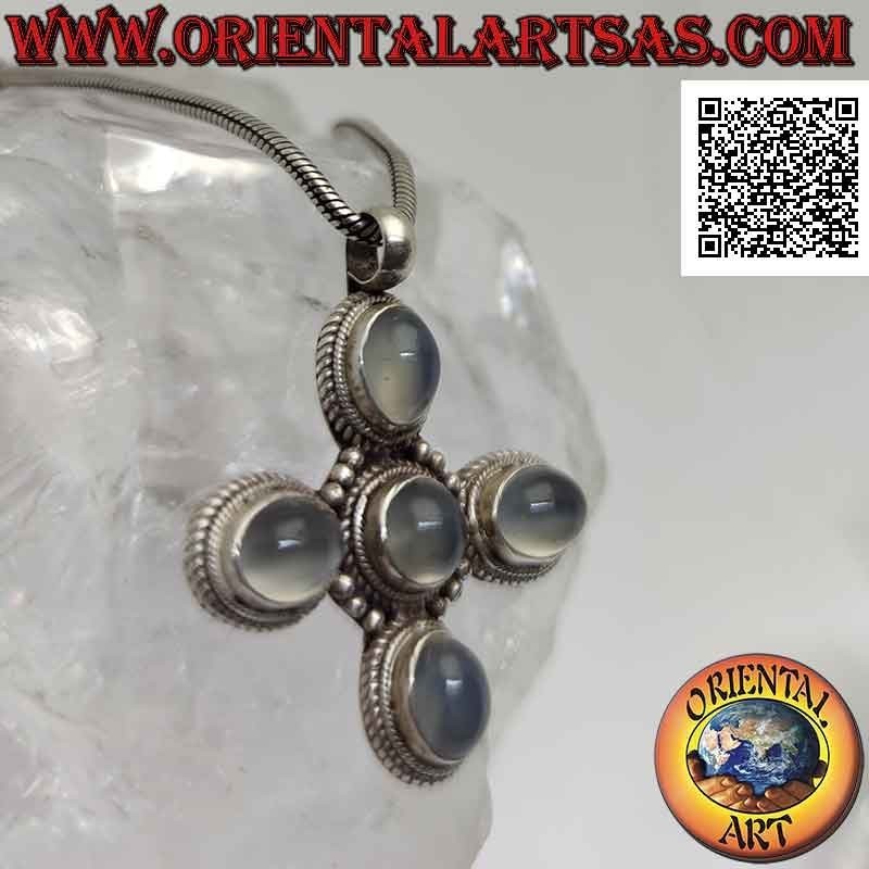 Silver pendant, Greek cross with five oval cabochon moonstones (adularia)