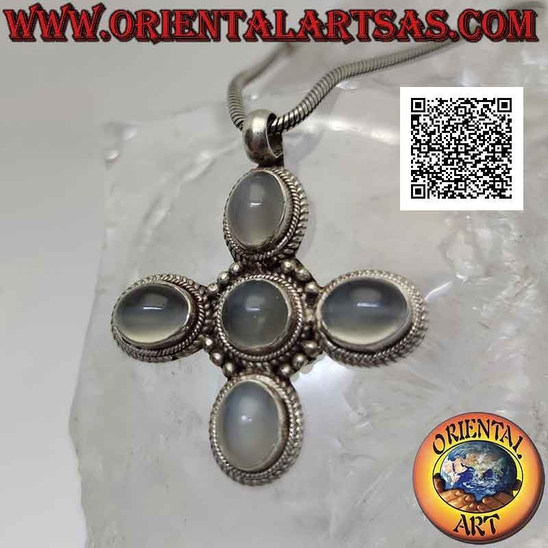 Pendentif en argent, croix grecque avec cinq pierres de lune cabochon ovales (adularia)