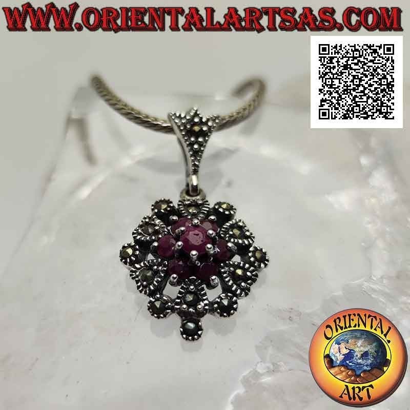 Silver pendant, natural ruby flower set surrounded by a frame with hearts and marcasite