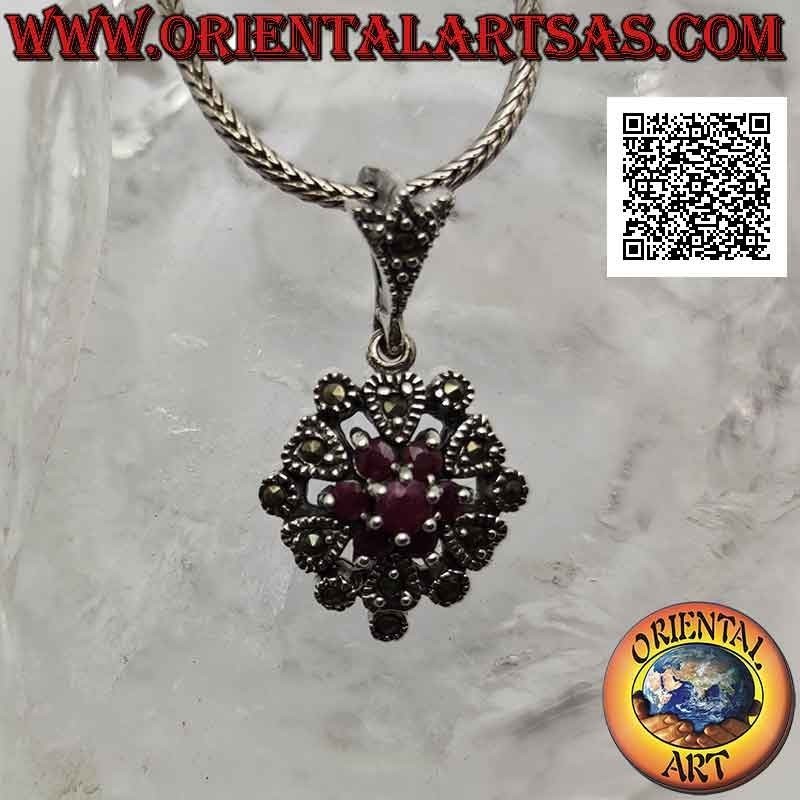 Silver pendant, natural ruby flower set surrounded by a frame with hearts and marcasite