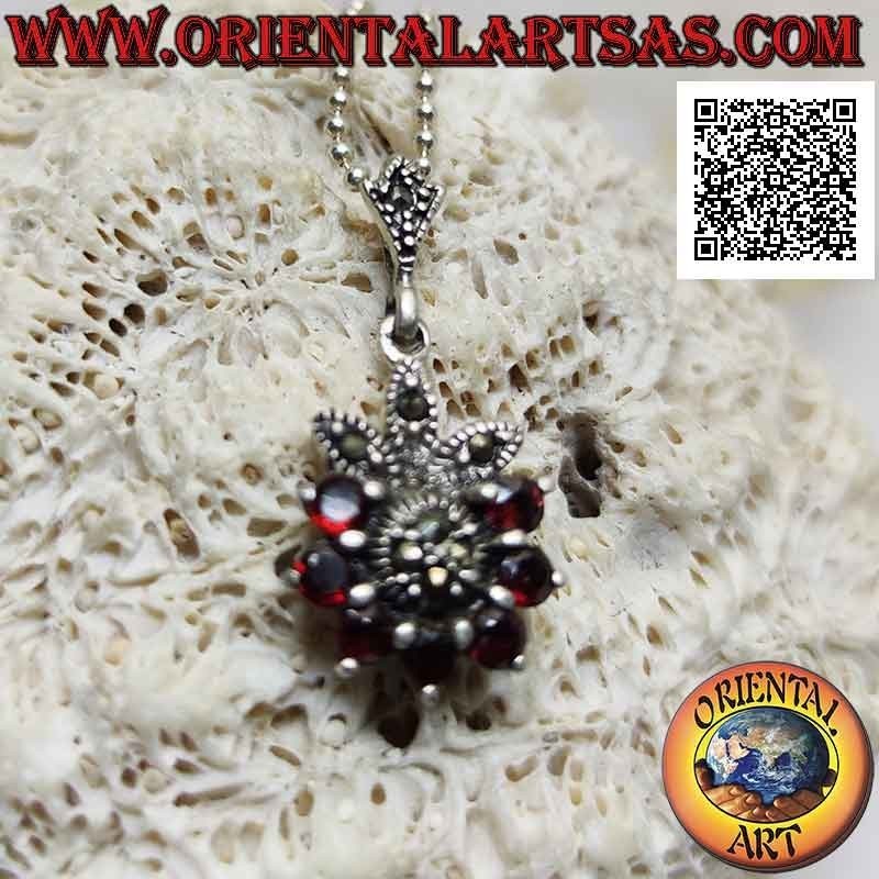 Silver pendant, flower of six natural garnets set in a semicircle and petals and center of marcasite