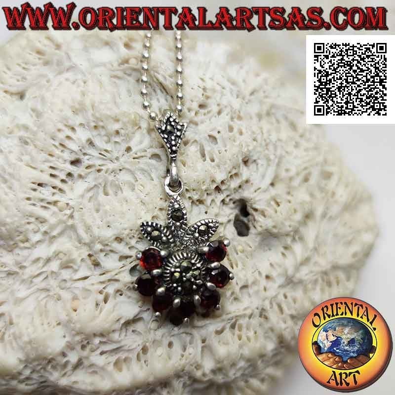 Silver pendant, flower of six natural garnets set in a semicircle and petals and center of marcasite