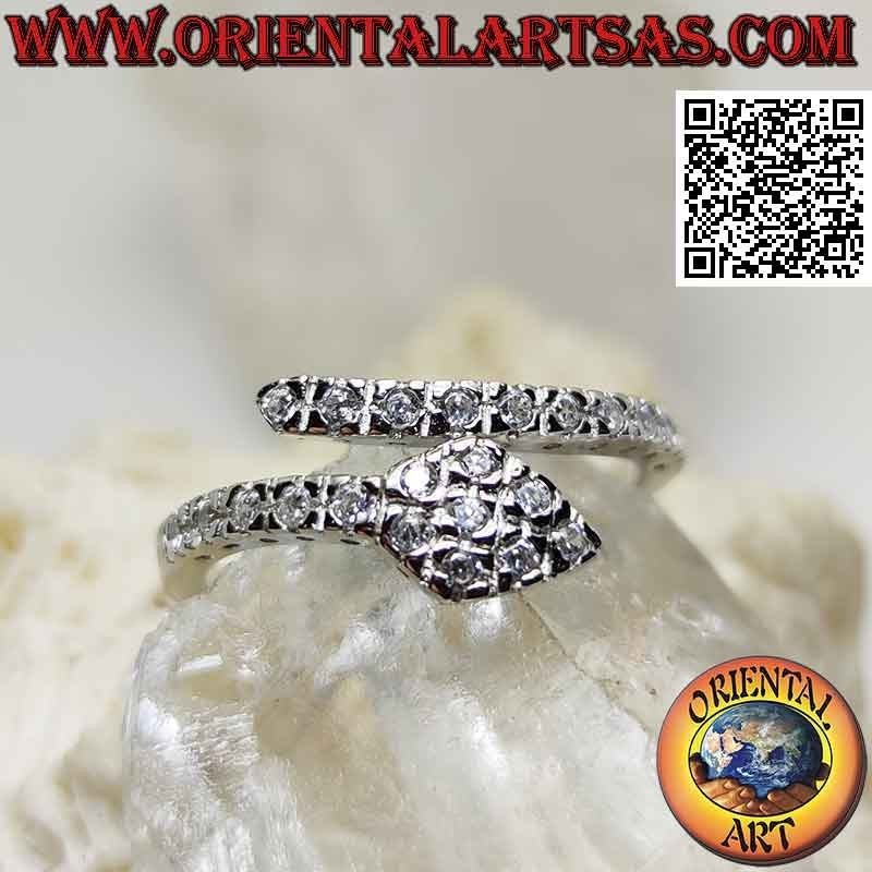 Silver ring, wrapped snake studded with white zircons (adjustable)