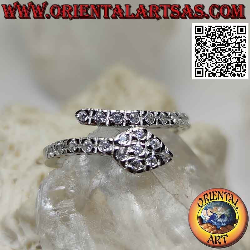 Anello in argento, serpente avvolto tempestato di zirconi bianchi (regolabile)