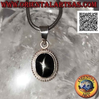 Silver pendant with black star (Diopside) oval cabochon surrounded by weaving