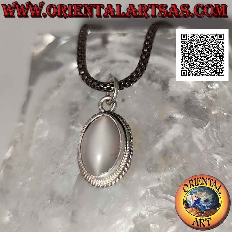 Silver pendant with cabochon oval moonstone surrounded by interweaving and smooth band
