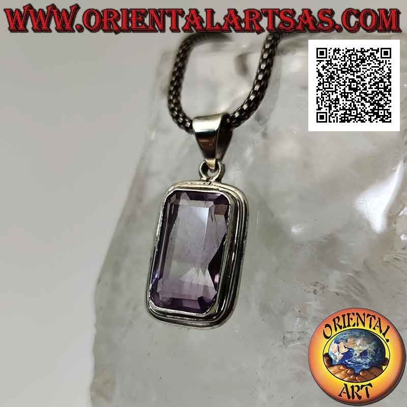 Silver pendant with a splendid rectangular octagonal cut natural amethyst on a simple setting