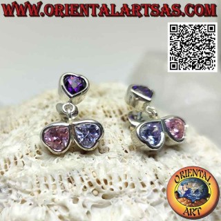 Boucles d'oreilles en argent, trio de cœurs en zircons colorés sur une monture lisse