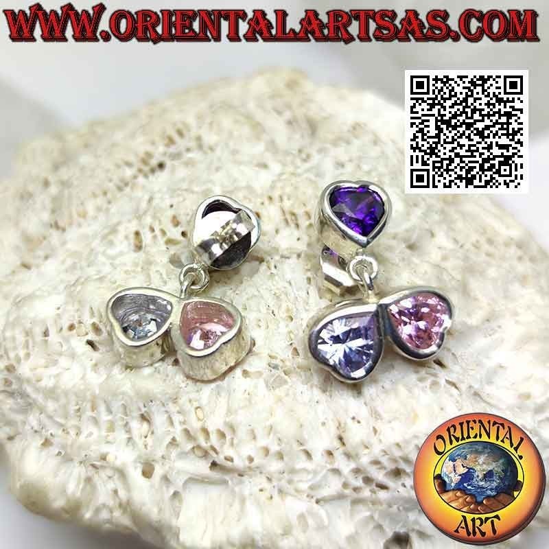 Orecchini in argento, tris di cuori di zircone colorato su montatura liscia
