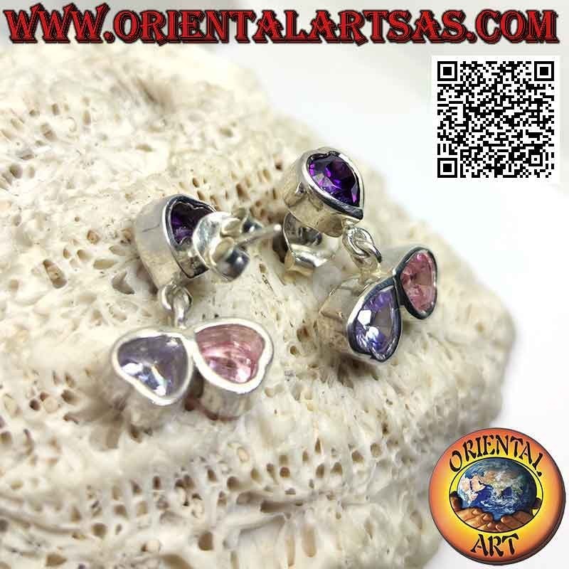 Silver earrings, trio of colored zircon hearts on a smooth setting
