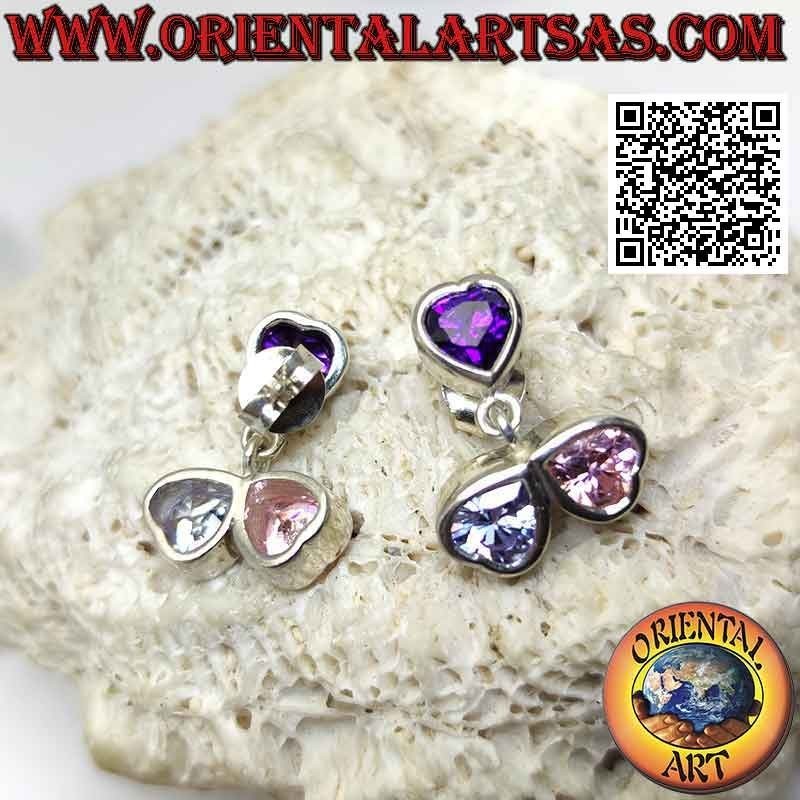 Orecchini in argento, tris di cuori di zircone colorato su montatura liscia