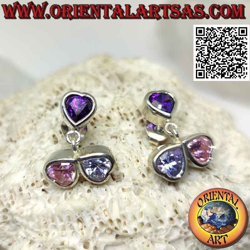 Silver earrings, trio of colored zircon hearts on a smooth setting