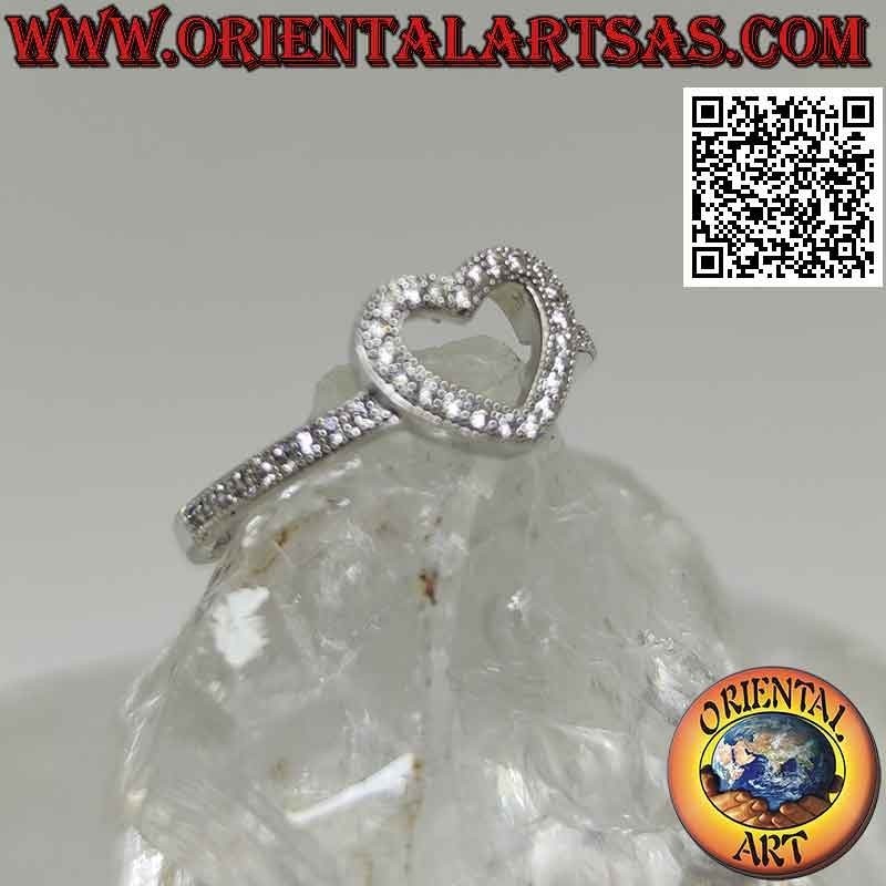 Silver ring with heart contour studded with zircons