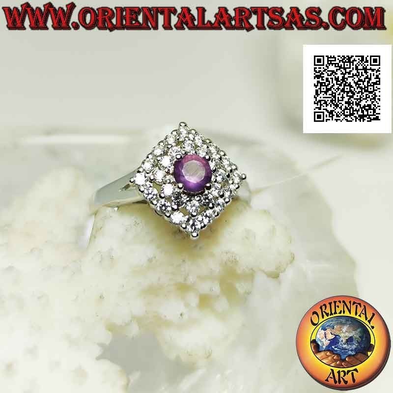 Anillo de plata Argento 925 con amatista redonda natural en un rombo cuadrado tachonado de circonitas