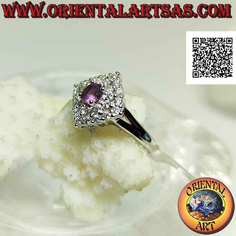 Anello in Argento 925‰ con ametista tonda naturale su un quadrato romboidale tempestato di zirconi