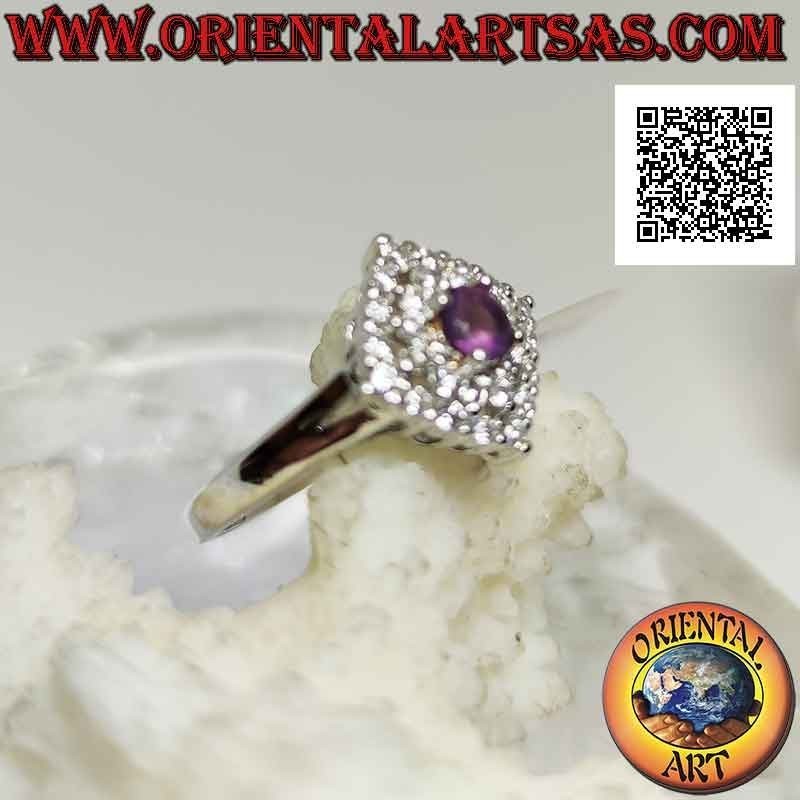 925 Argento Silberring mit natürlichem rundem Amethyst auf einem mit Zirkonen besetzten Rautenquadrat