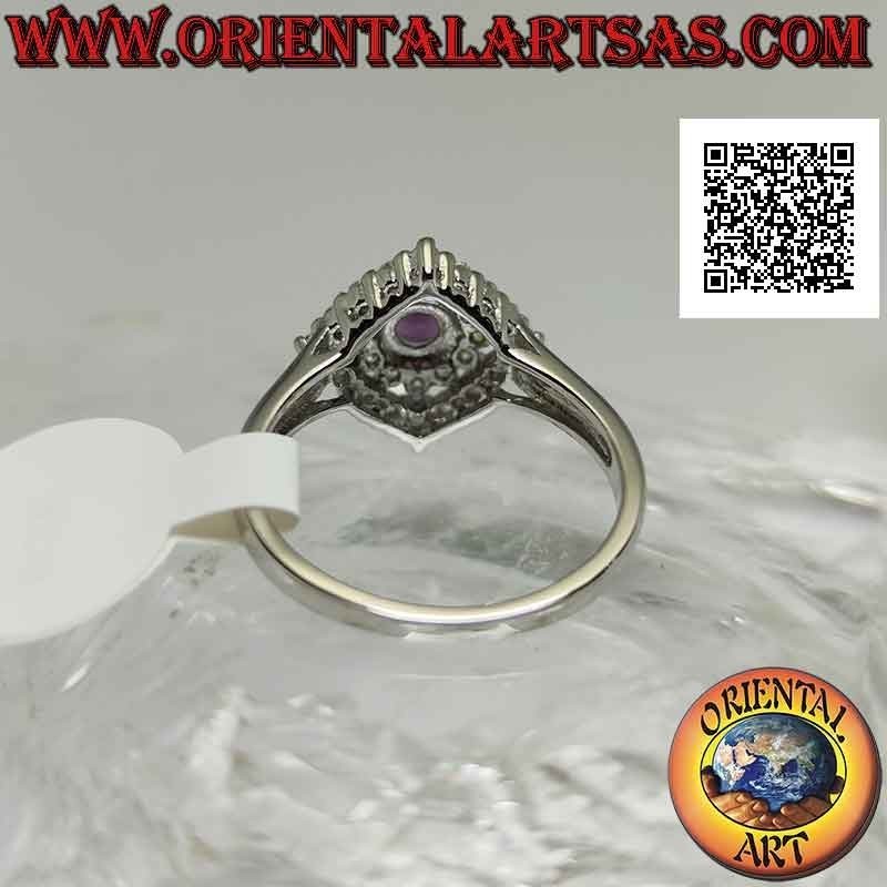 Bague en Argent Argento 925 avec améthyste ronde naturelle sur un carré de losange parsemé de zircons