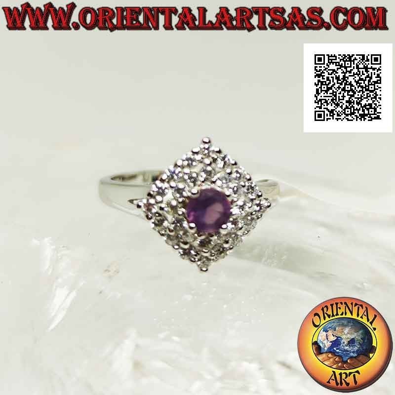 925 Argento Silver ring with natural round amethyst on a rhombus square studded with zircons