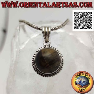 Silver pendant with round striped tiger's eye surrounded by interweaving