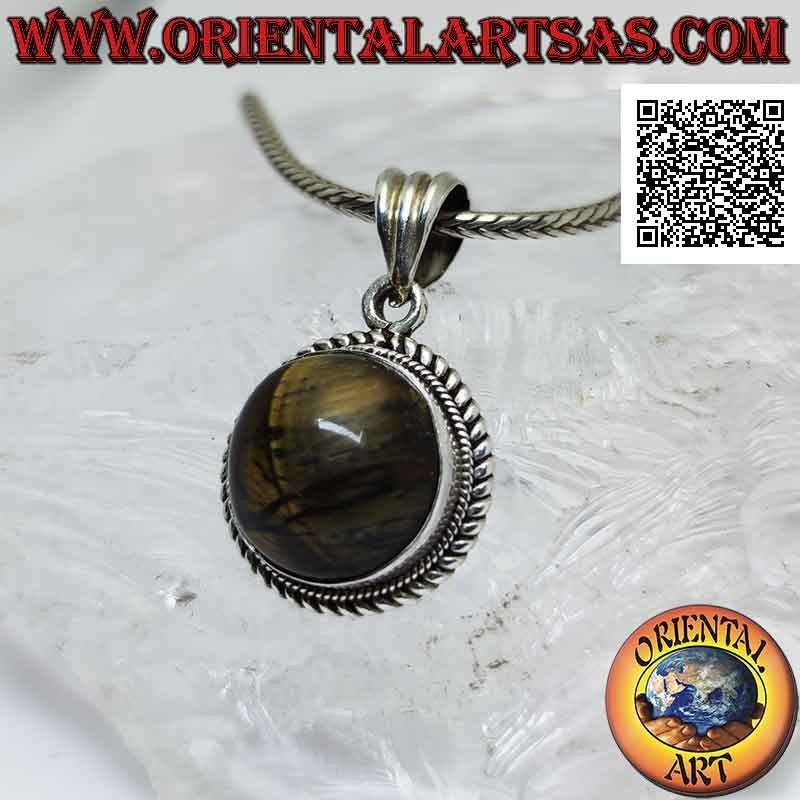 Silver pendant with round striped tiger's eye surrounded by interweaving