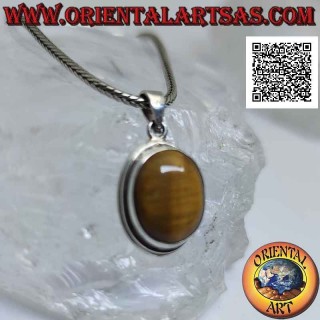 Colgante de plata con ojo de tigre ovalado con rayas verticales rodeadas por un borde liso
