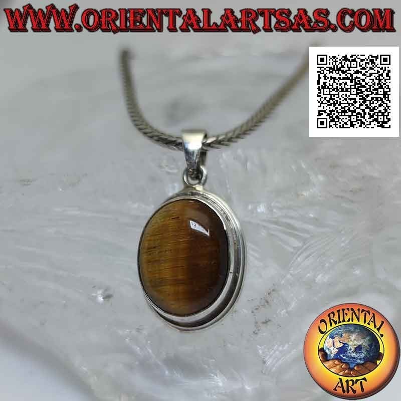 Silver pendant with oval tiger eye with vertical streaks surrounded by a smooth edge