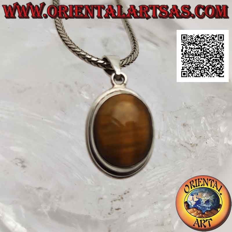 Silver pendant with oval tiger eye with vertical streaks surrounded by a smooth edge