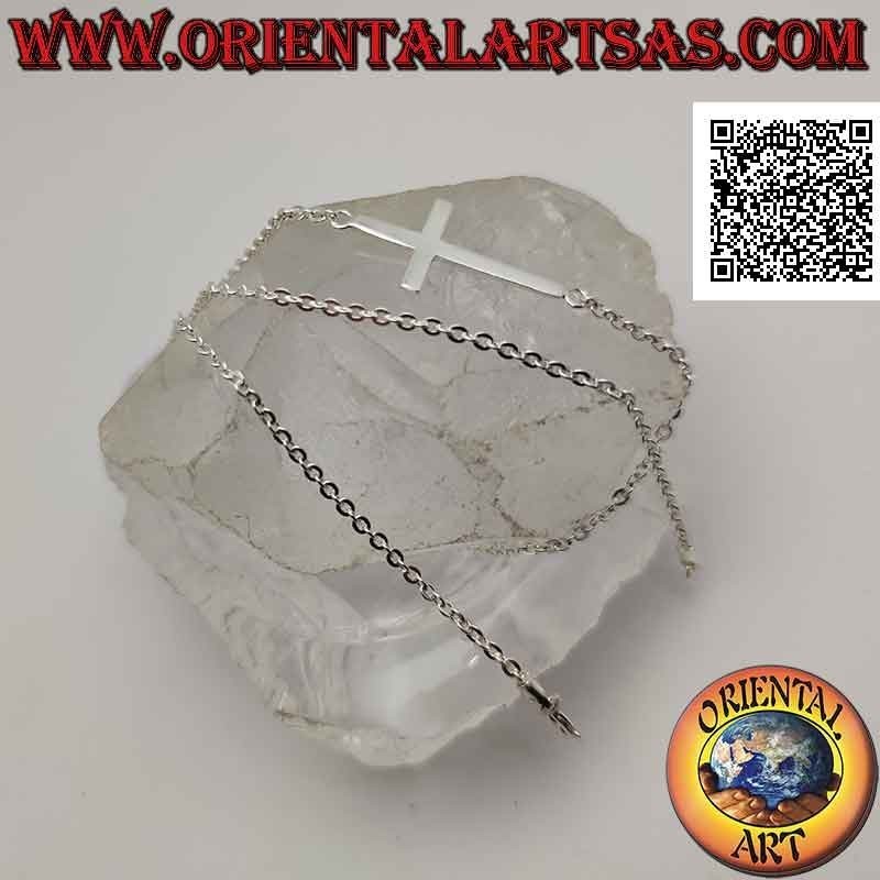 Collana in argento 925 ‰ a catenina con croce orizzontale liscia (croce nordica o "Gesù che salva il popolo") da 46 cm