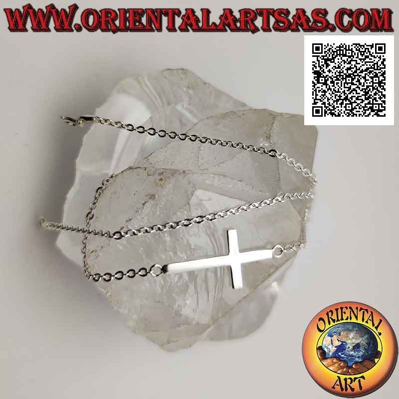 Collana in argento 925 ‰ a catenina con croce orizzontale liscia (croce nordica o "Gesù che salva il popolo") da 46 cm