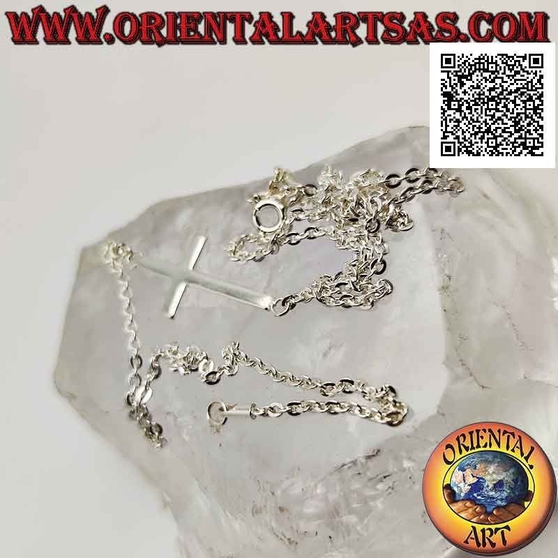 Necklace in 925 ‰ silver chain with smooth horizontal cross (Nordic cross or "Jesus saving the people") of 46 cm