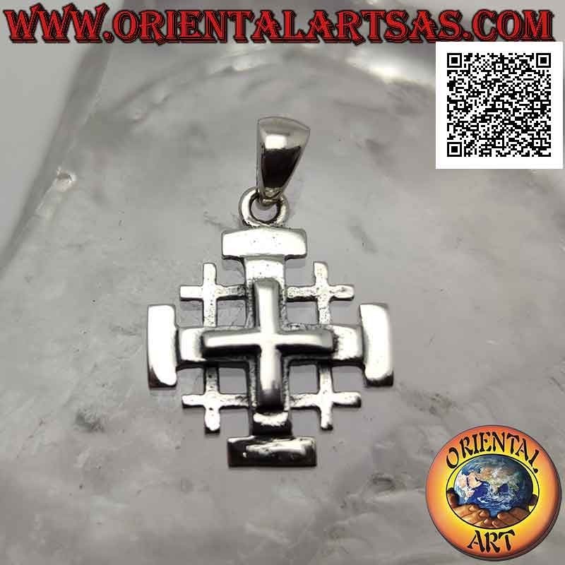 Ciondolo in argento, croce di Gerusalemme (dei Cavalieri del Santo Sepolcro) liscia con croce in rilievo