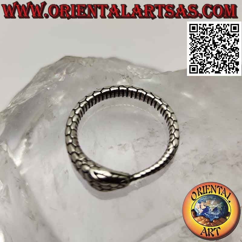 Silver ring, engraved three-dimensional Ouroboros snake