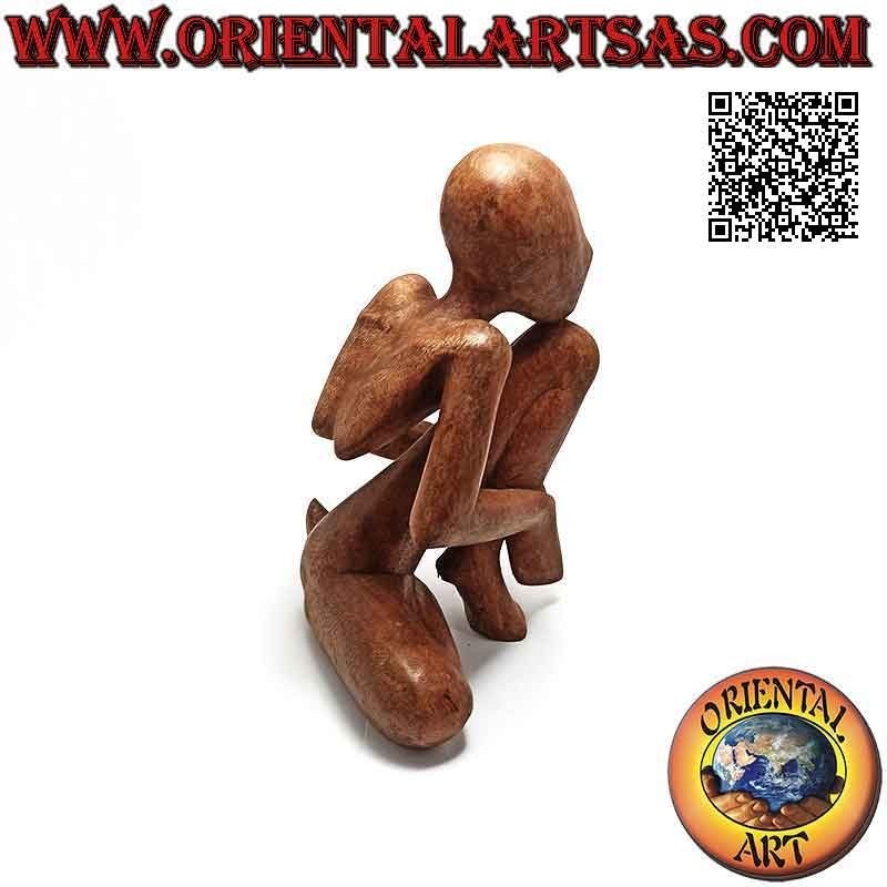 Scultura "il pensatore sul ginocchio" in stile abstract in legno di suar, 20 cm