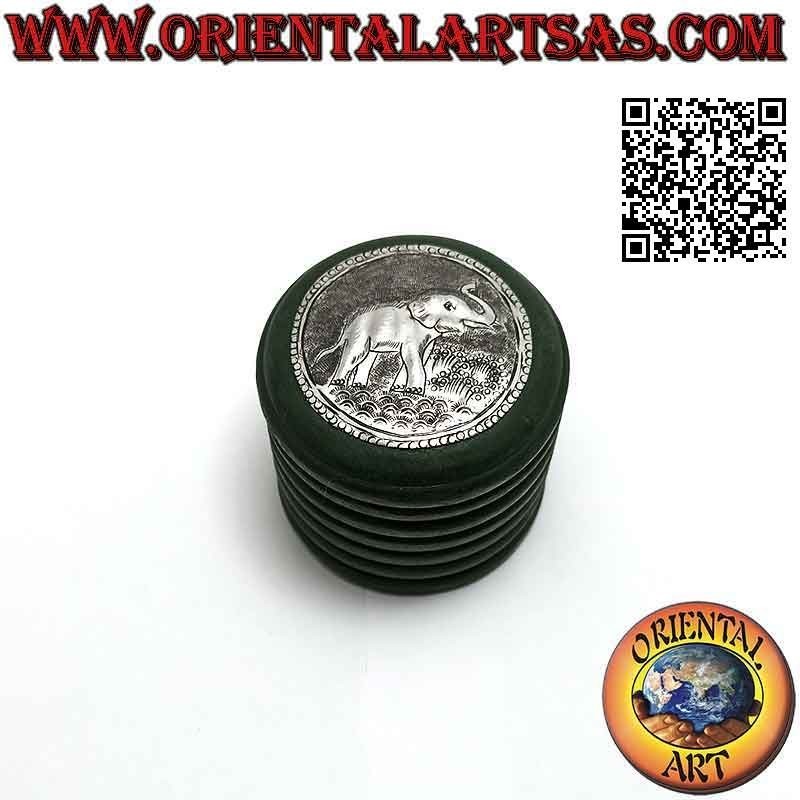 Round jewelry box in mahogany wood with nickel silver or silver plate (green)