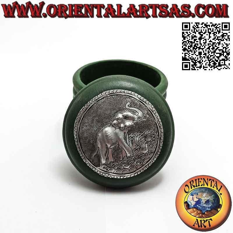 Boîte à bijoux ronde en bois d'acajou avec plaque en maillechort ou argent (vert)