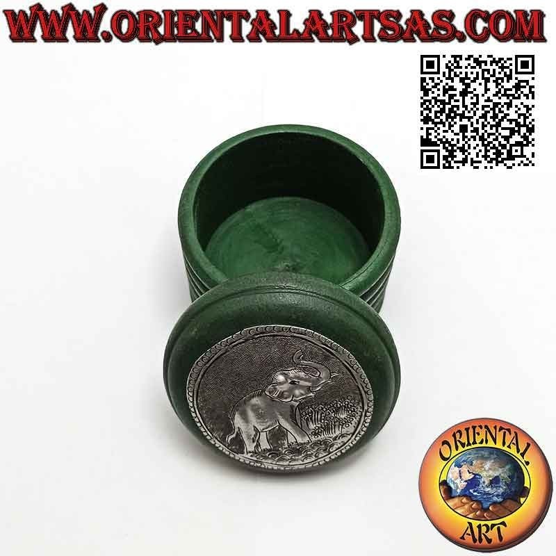 Joyero redondo en madera de caoba con alpaca o placa de plata (verde)