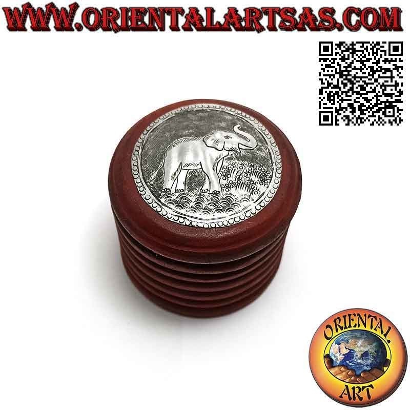 Joyero redondo en madera de caoba con alpaca o placa de plata (rojo)