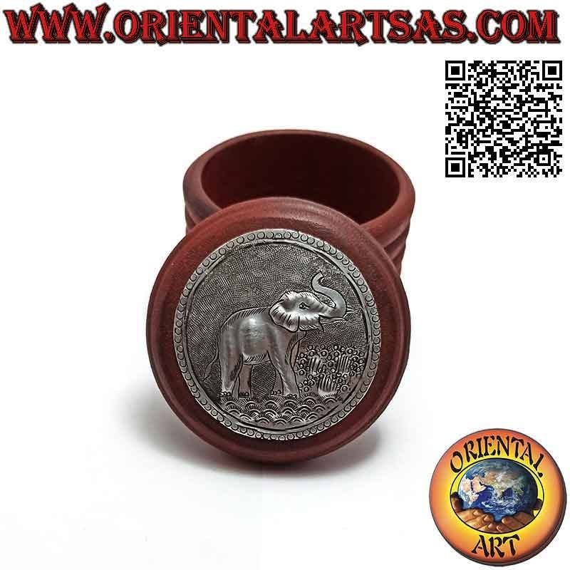 Boîte à bijoux ronde en bois d'acajou avec plaque en maillechort ou argent (rouge)