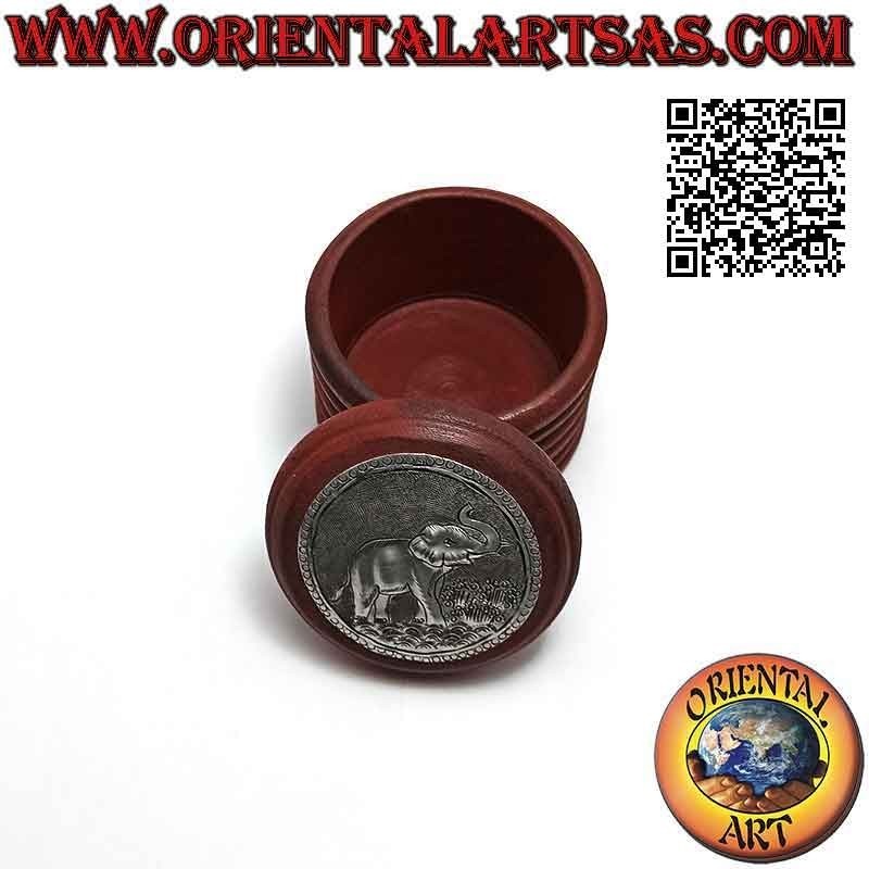 Round jewelry box in mahogany wood with nickel silver or silver plate (red)