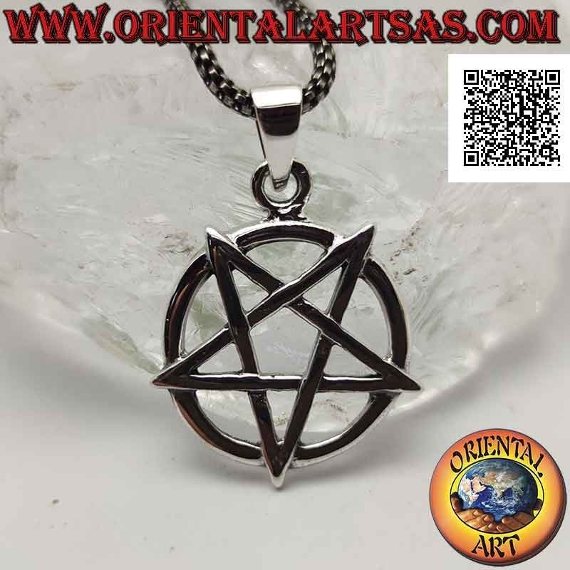 Silver pendant, inverted pentacle (pointing down) smooth on circle
