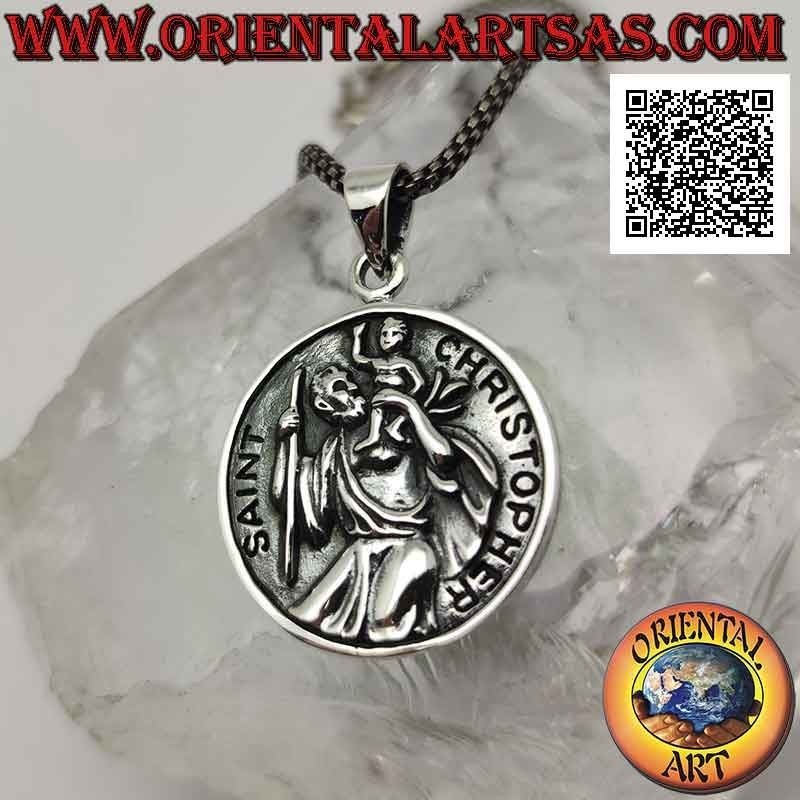 Silberanhänger, runde heilige Medaille mit St. Christopher mit Stock und Kind in Flachrelief und Schrift