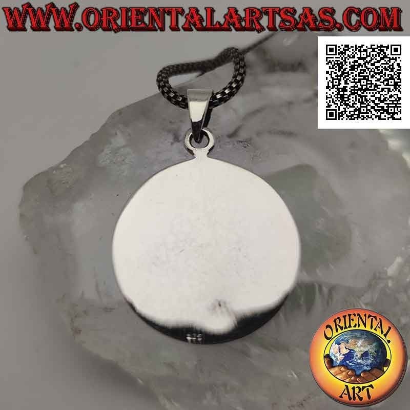 Silver pendant, round sacred medal with St. Christopher with stick and child in bas-relief and writing