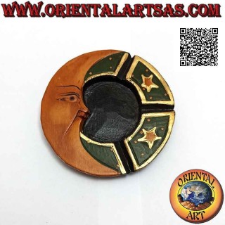 Round flat ashtray with "sun and moon" painted decoration in balsa wood (small)